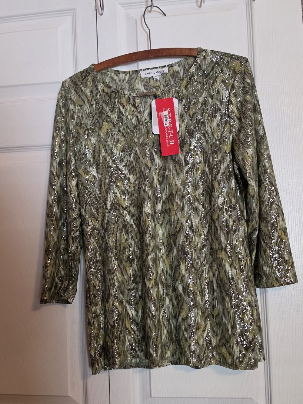 Emily Daniels Olive Green Metallic-Pattern Long Sleeve Top